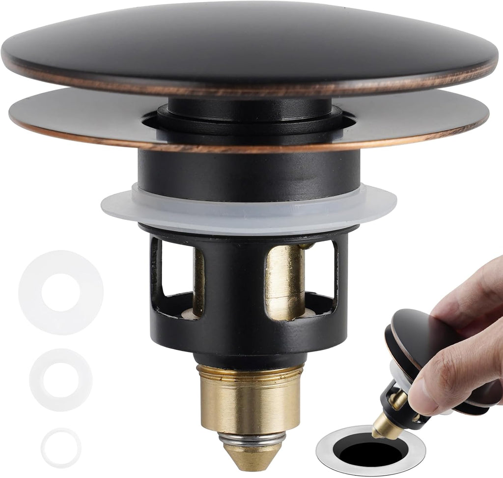 Universal Bathroom Sink Drain Strainer Hair Catcher Upgraded with Removable Stainless Steel Filter Basket, 2 in 1 Pop Up Sink Stopper for 1.1''~2.36'' Sink Basin Hole, Big Cover Cap, Oil Rubbed Bronze
