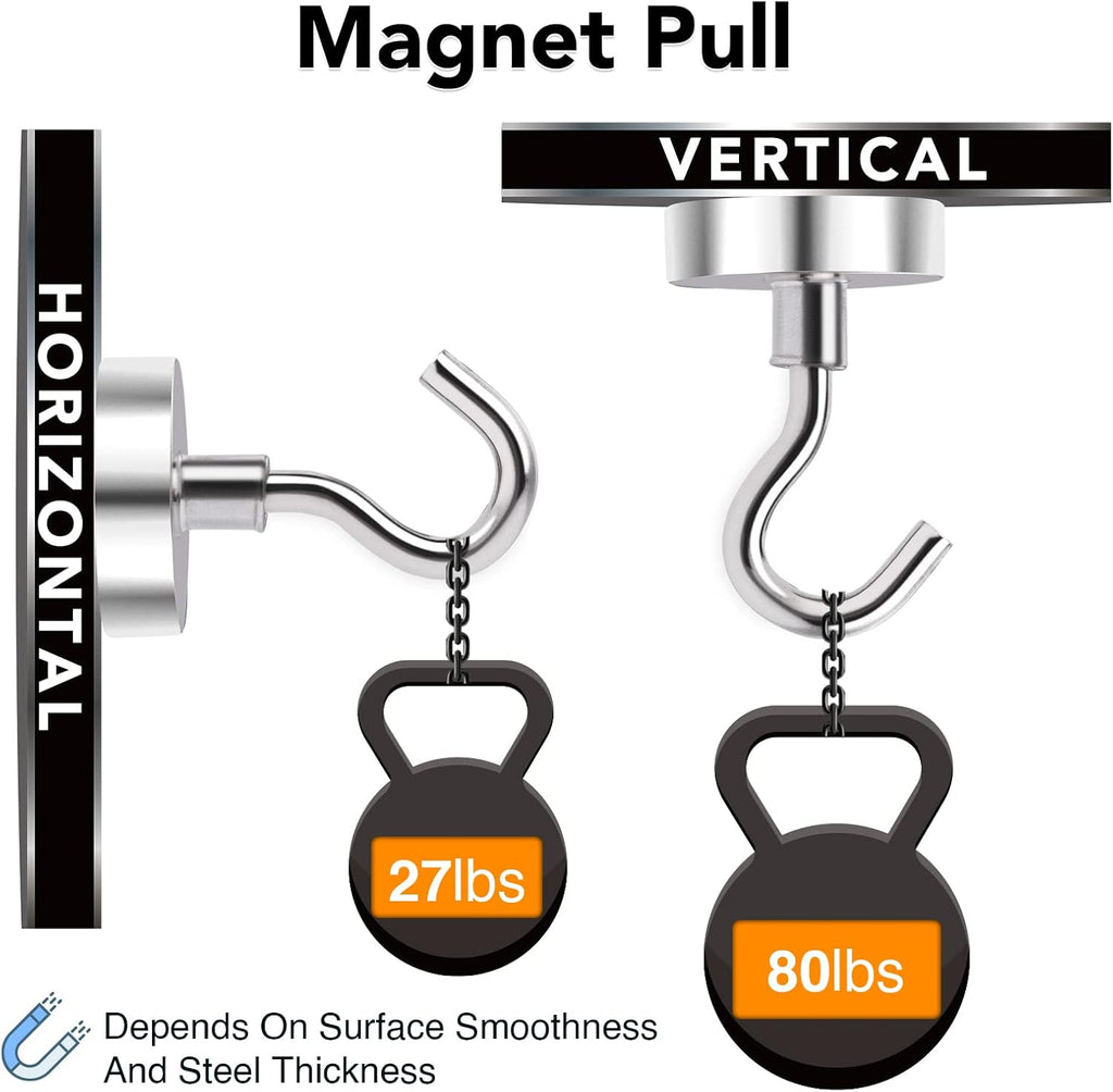 MIKEDE Magnetic Hooks, 80Lbs+ Heavy Duty Magnetic Hooks for Cruise Cabins, Super Neodymium Hanging Hooks Strong Magnets with Hook for Fridge, Magnetic Hanger for Grill, Toolbox, Storage, 4 Pack