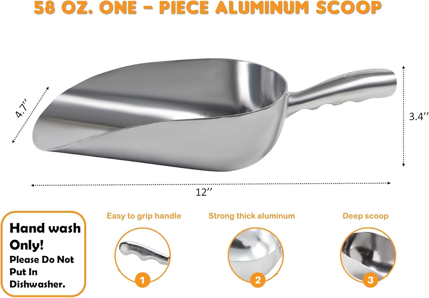 Cast Aluminum Utility Scoop - 58 oz. - Round Bottom, ice scoop For Multi-Purpose Use, With Finger Groove Handle (58 oz.)