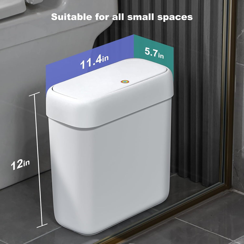 funest Bathroom Small Trash Can with Lid, 13 Liter/3.4 Gallon Slim Garbage Bin with Press Top Lid, White Wastebasket for Bedroom, Office, Kitchen, RV
