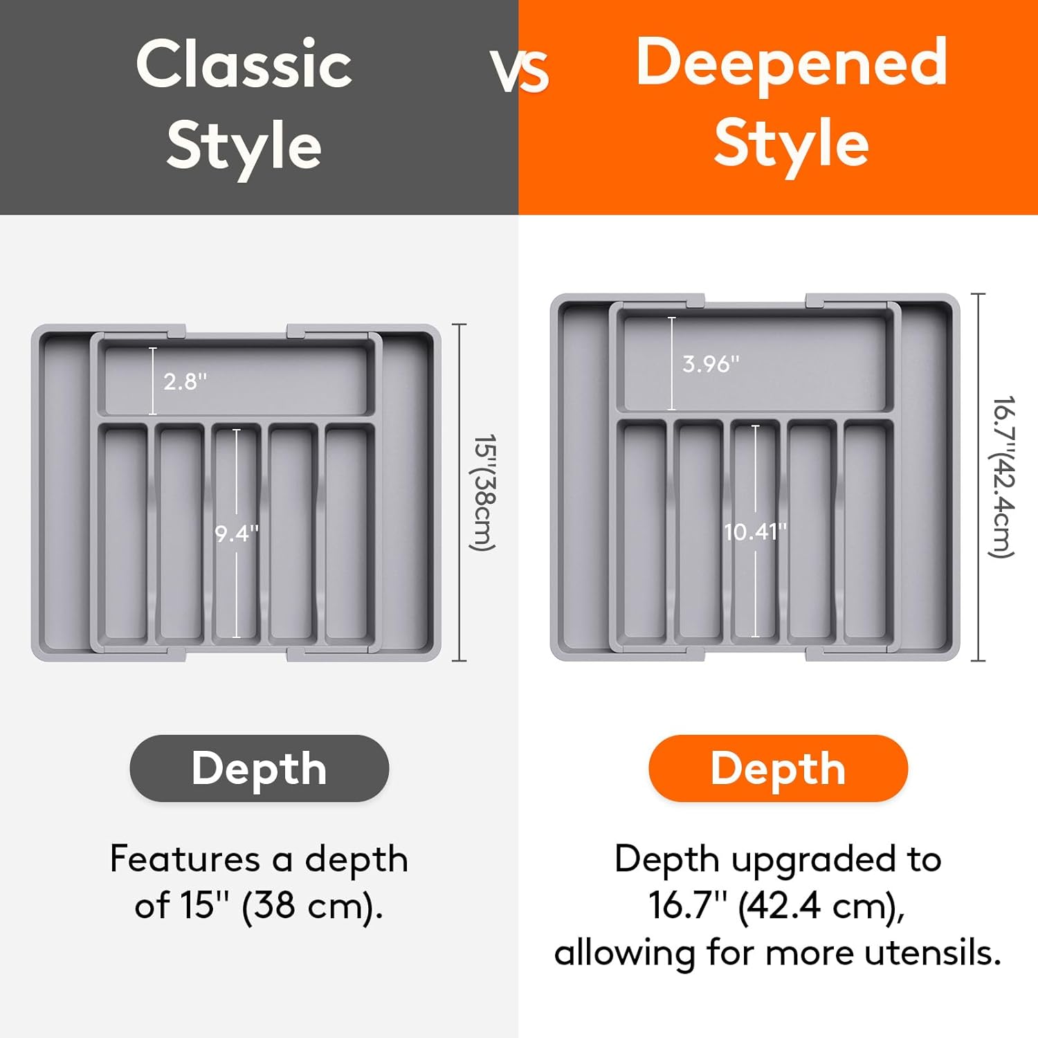 Lifewit Deep Silverware Drawer Organizer for Kitchen, Expandable Utensil Tray, Adjustable Flatware Cutlery Holder, Large Plastic Kitchen Storage for Spoons Forks Knives, 22.4 x 16.7 x 2 inches, Gray