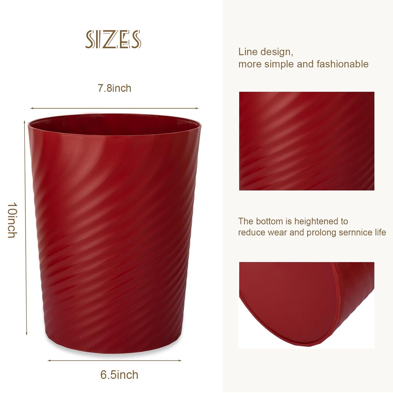 UUJOLY Plastic Small Trash Can Wastebasket, Garbage Container Basket for Bathrooms, Laundry Room, Kitchens, Offices, Kids Rooms, Dorms, (Red, 1.8 Gallon)