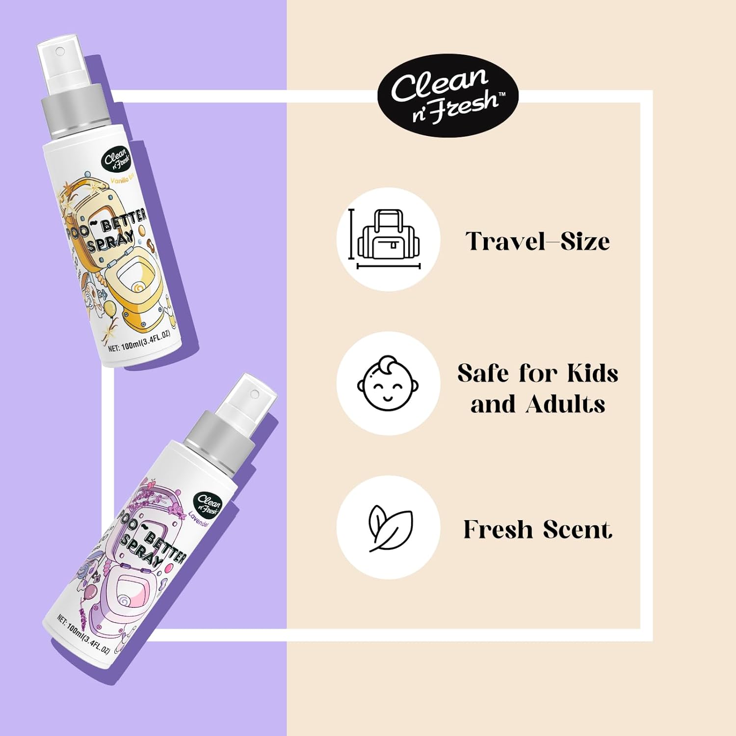 Clean-n-Fresh Toilet Spray 6.8 Fl.Oz, Vanilla Scent, Natural Plant Essential Oil Air Freshener & Odor Eliminator