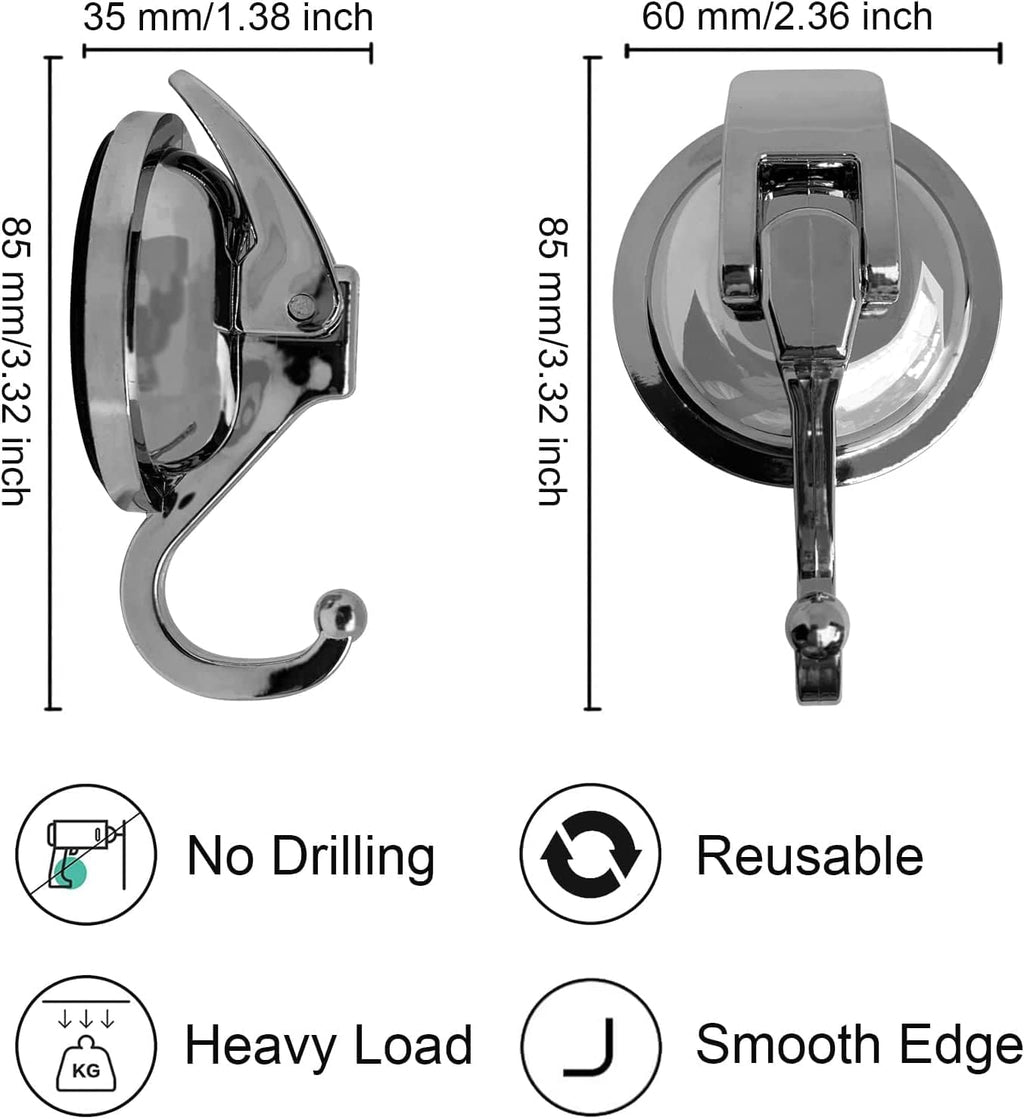 Heavy Duty Vacuum Suction Shower Hooks - Glass Suction Cup Hooks, Bathroom Robe Hooks, Reusable, No Hole Punched, for Garland Decoration (Silver Grey, 4 Pack)