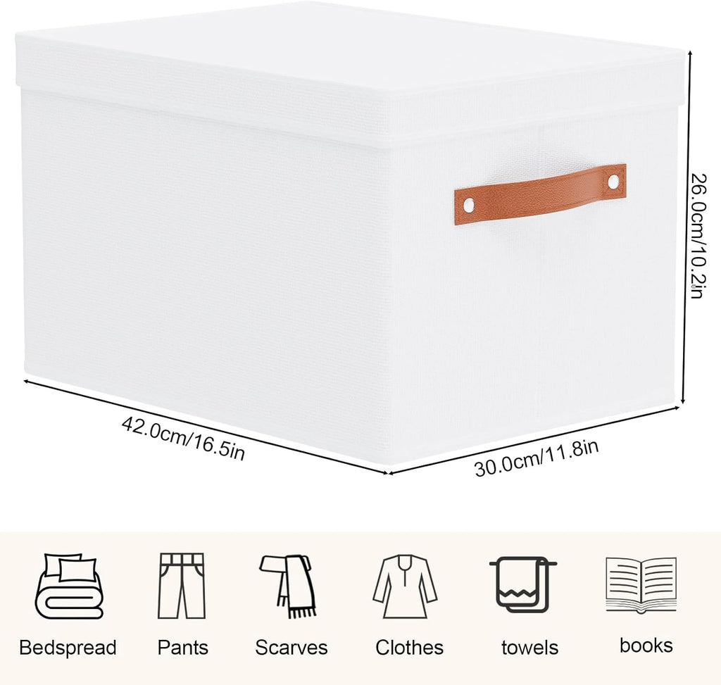 Fabric Storage Bins, Clothes Boxes for Shelves with Lids, 1 Pack Baskets for Organizing with Handles, Decorative Linen Closet Organizers, White, 16.5 x 11.8 x 10.2 Inch