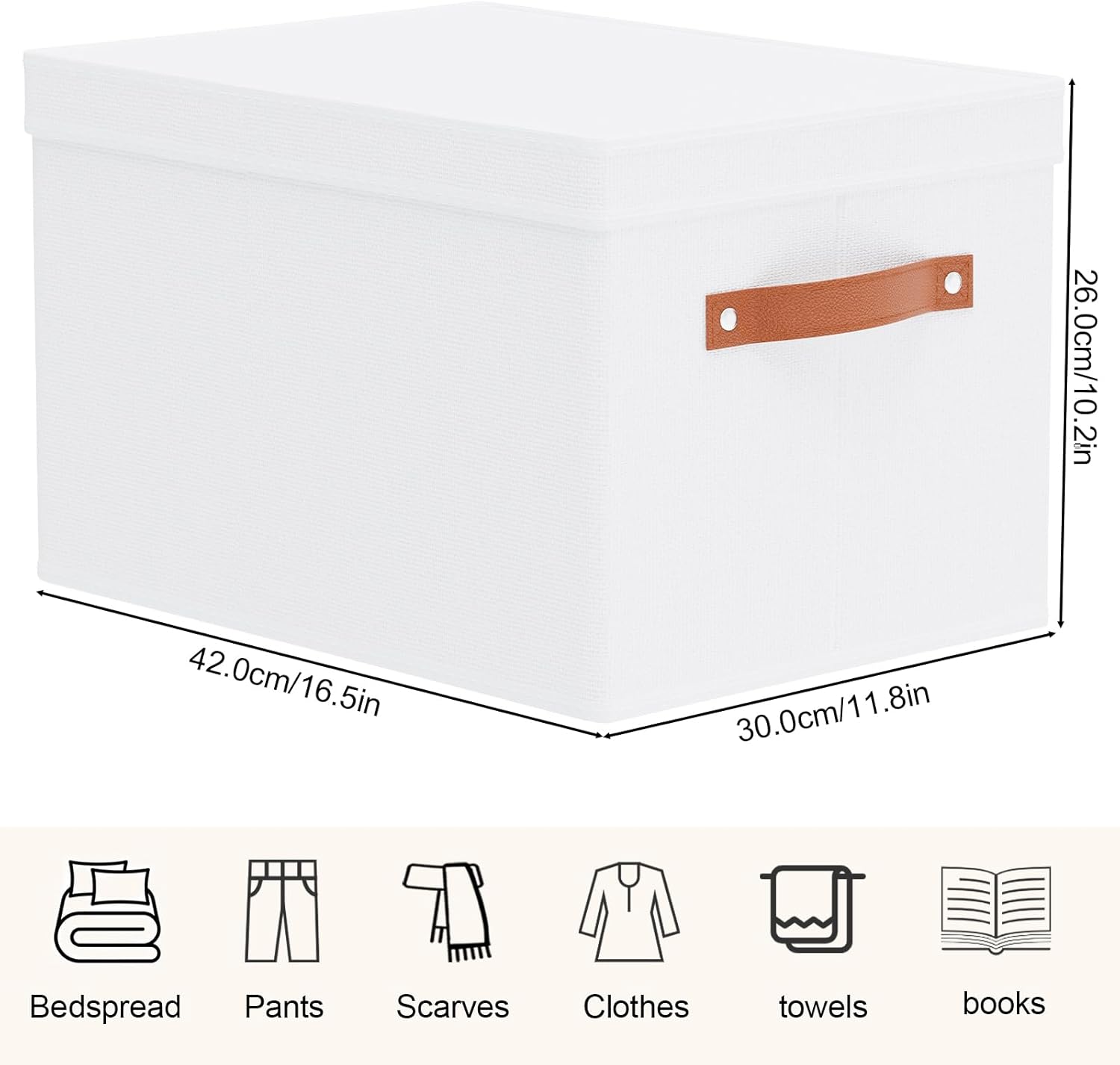 Fabric Storage Bins, Clothes Boxes for Shelves with Lids, 5 Pack Baskets for Organizing with Handles, Decorative Linen Closet Organizers, White, 16.5 x 11.8 x 10.2 Inch