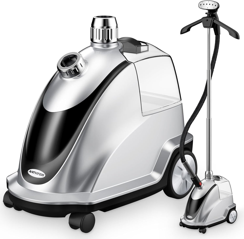 Anthter Steamer for Clothes, 1500W Powerful Standing Garment Steamer with Roll Wheels, 2.4L Water Tank for 90 Mins Continuous Steaming, 35s Fast Heat-up (Silver)