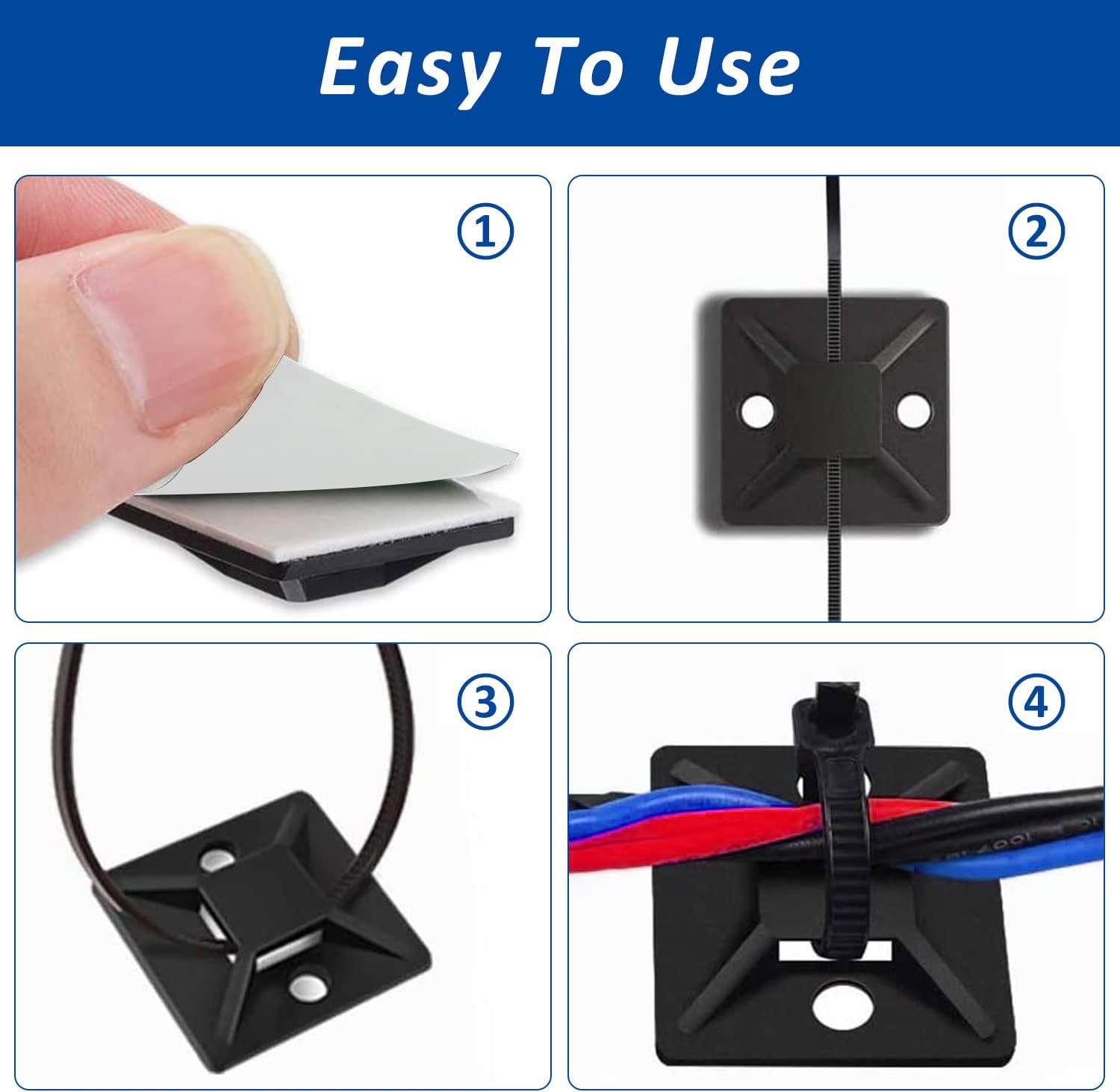 50 Set Cable Zip Tie Self Adhesive Mounts Kit with 6" Zip Ties, 3/4" Wire Holders Squares, Screws - Sticky Wire Fasteners Cable Clips Management Anchors Organizer