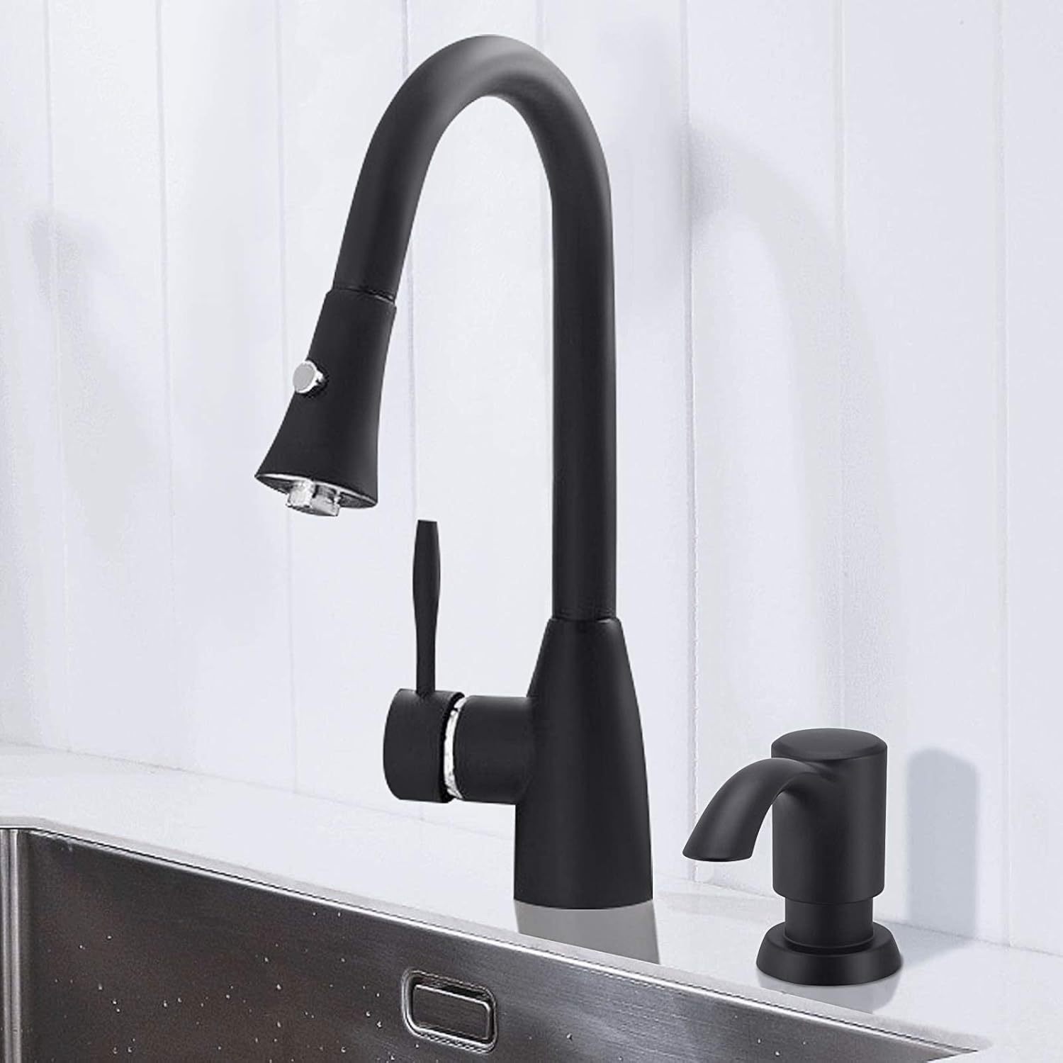 SAMODRA Built in Kitchen Sink Soap Dispenser (Matte Black) with 12 oz Large PET Lotion Bottle, Refill from Top
