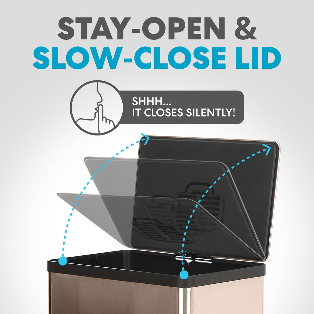 SIMPLI-MAGIC 13.2 Gallon (50L) Step Trash Can – Kitchen Garbage Can with Slow-Close Lid – Odor Control, Hands-Free, Easy to Clean, Brushed Stainless Steel (Rose Gold)