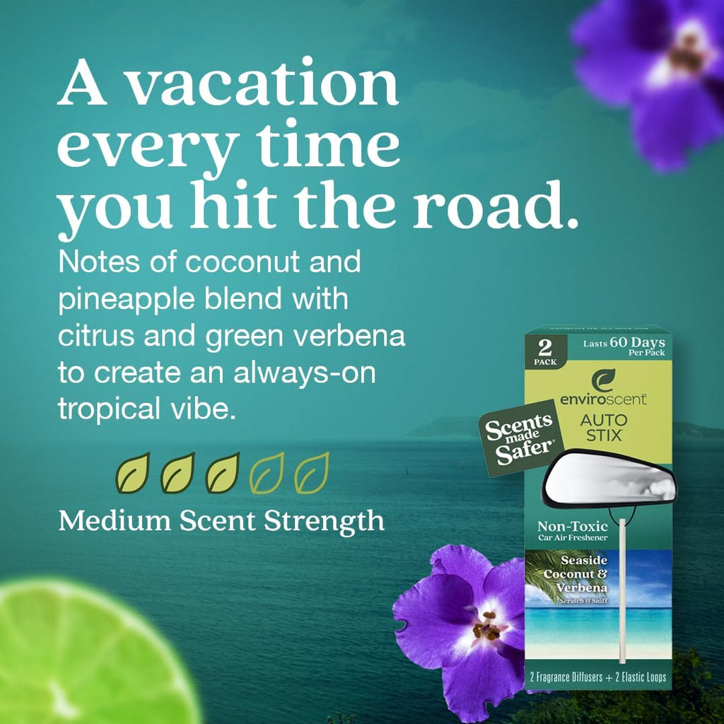 Enviroscent Non-Toxic Car Air Freshener (Seaside Coconut & Verbena) Natural Car Air Freshener | Essential Oil Diffuser | Car Scent Lasting Over 180 Days | 3 Packs of 2 Hanging Auto Stix