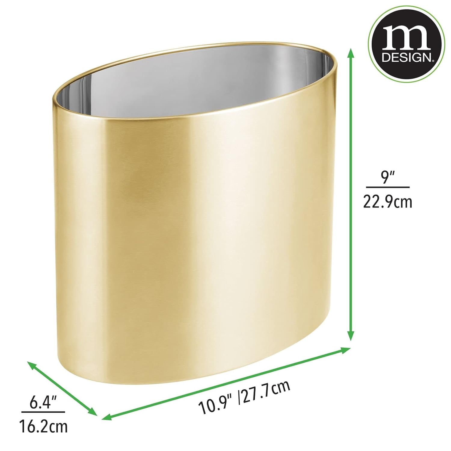 mDesign Stainless Steel Metal Oval Trash Can, 7.9 Liter/2.09 Gallon Wastebasket, Garbage Basket Bin for Bathroom, Bedroom, Kitchen, Home Office, Holds Waste and Recycle, Mirri Collection, Soft Brass