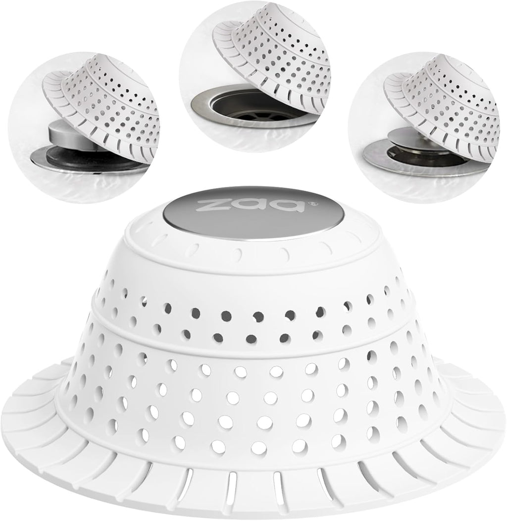 zaa Bathtub Drain Hair Catcher, Silicone Collapsible 1 Pack Drain Protector for Pop-Up and Regular Drains of Shower, Tub, Bathroom, Sink, Snow-White