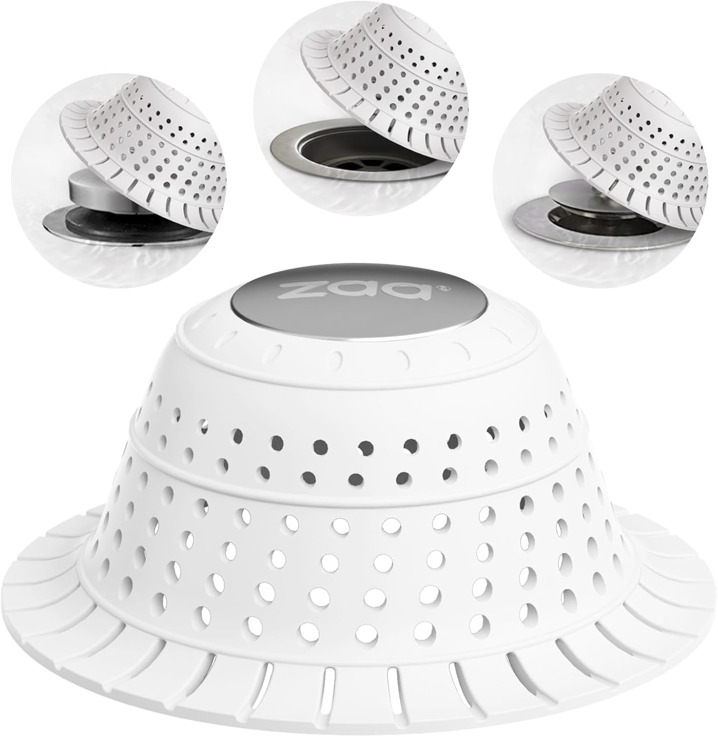 zaa Bathtub Drain Hair Catcher, Silicone Collapsible 1 Pack Drain Protector for Pop-Up and Regular Drains of Shower, Tub, Bathroom, Sink, Snow-White