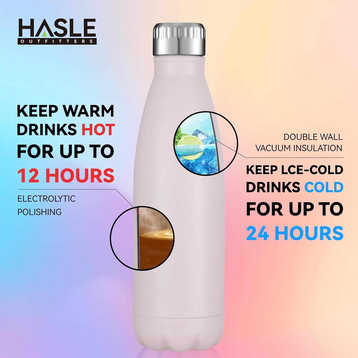 HASLE OUTFITTERS 17oz Stainless Steel Water Bottles, Vacuum Insulated Water Bottles Double Walled Powder Coated Reusable Metal Sports Water Bottles Keep Drinks Hot and Cold, Pink, 1Pack