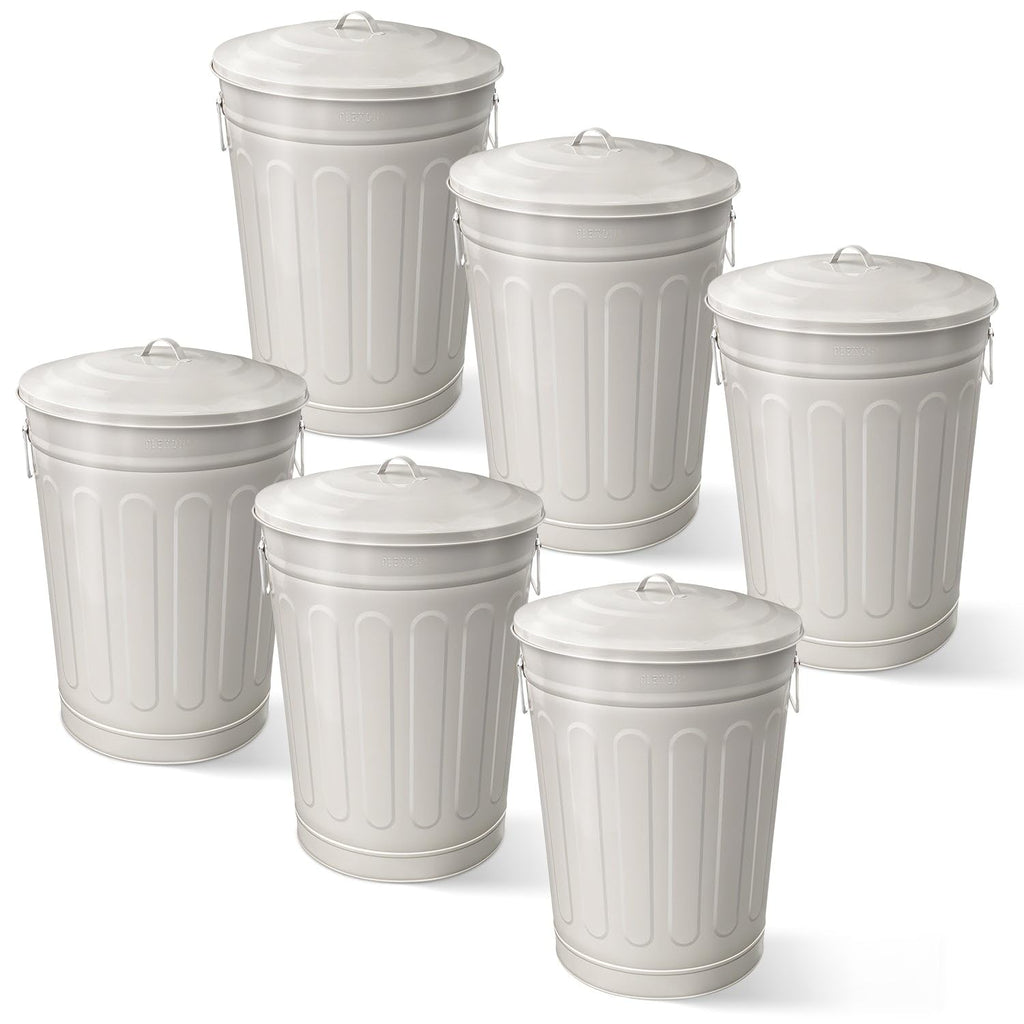 Plexon Round Trash Can 13 Gallon, Vintage Metal Outdoor Trash Can with Lid, Retro Farmhouse Garbage Container, Old School Modern Ash Bucket, Beige 6 Pack