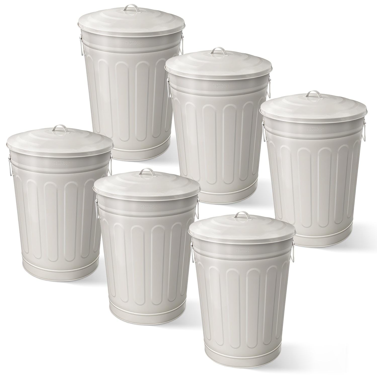 Plexon Round Trash Can 13 Gallon, Vintage Metal Outdoor Trash Can with Lid, Retro Farmhouse Garbage Container, Old School Modern Ash Bucket, Beige 6 Pack