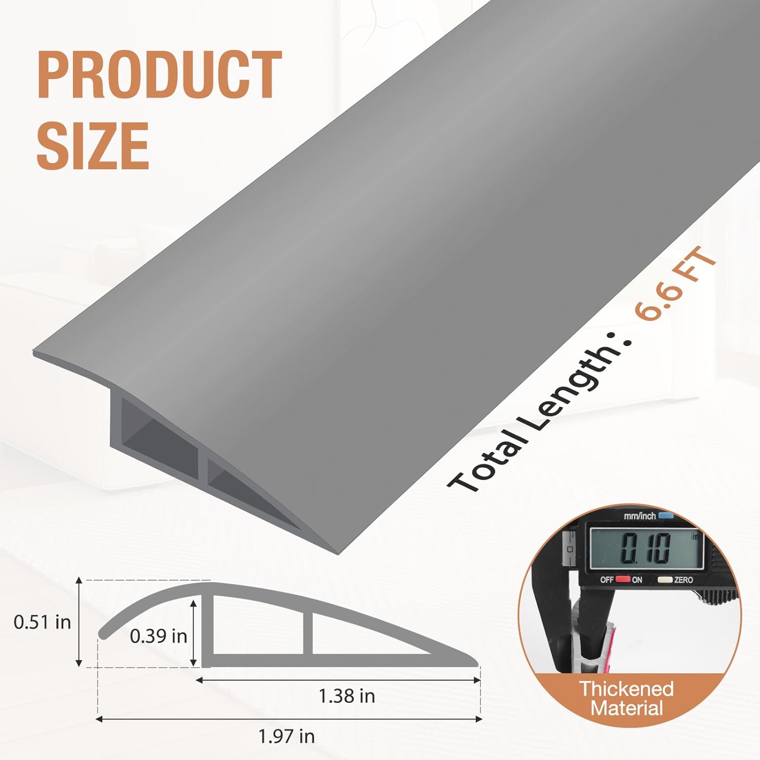 Floor Transition Strip Self Adhesive Vinyl Door Threshold for Doorways Carpet Edging Trim Overlap Edge Reducer for Laminate Floor, Carpet, Tile (Gray, 1/5" to 2/5", 6.6Ft)