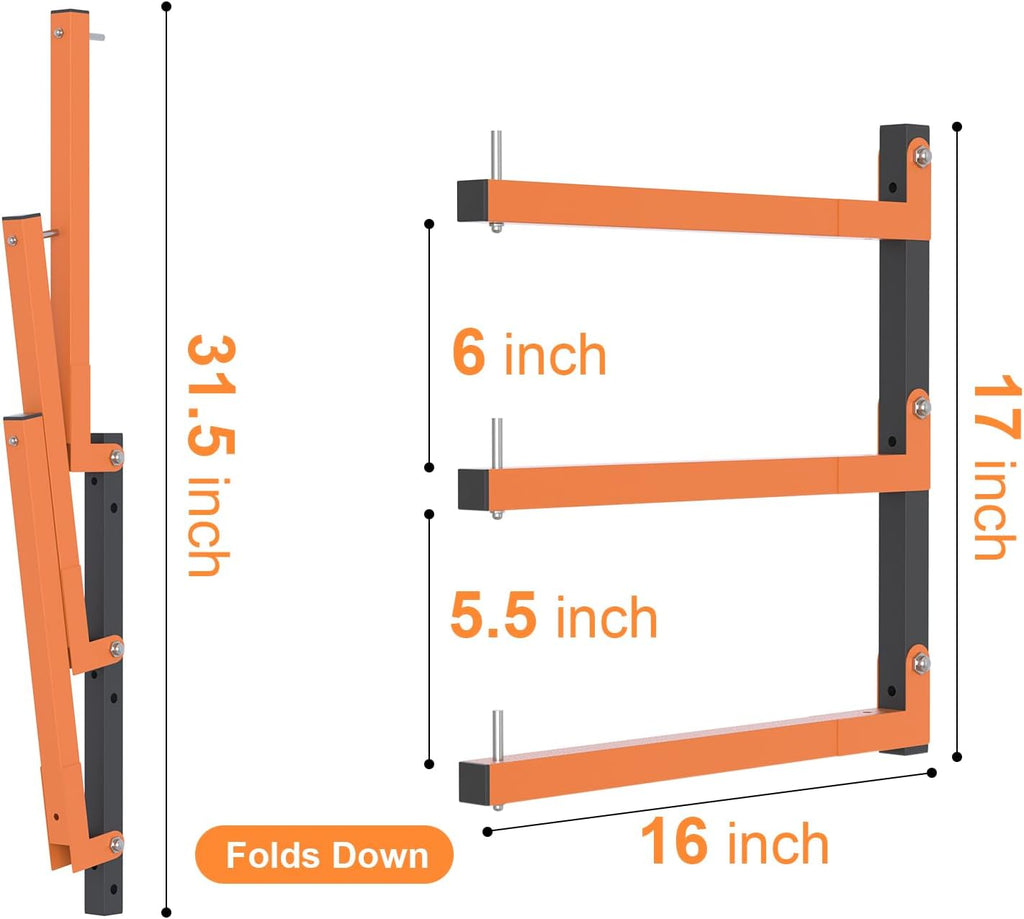 2 Pack Lumber Storage Rack, Wall Mount Wood Storage Racks, Heavy Duty 3-Level System Lumber Metal Racks, 360 LBS Sturdy Garage Wood Organizer, Indoor and Outdoor