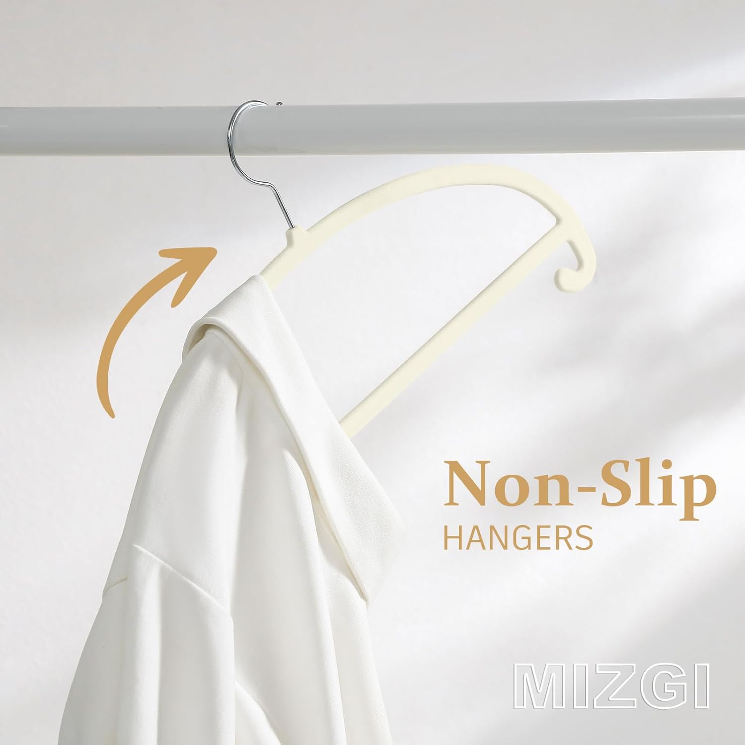 MIZGI 50 Pack Ivory Velvet Hangers - No Shoulder Bumps, Heavy Duty Non-Slip Chrome Hooks for Jackets, Coats, Pants