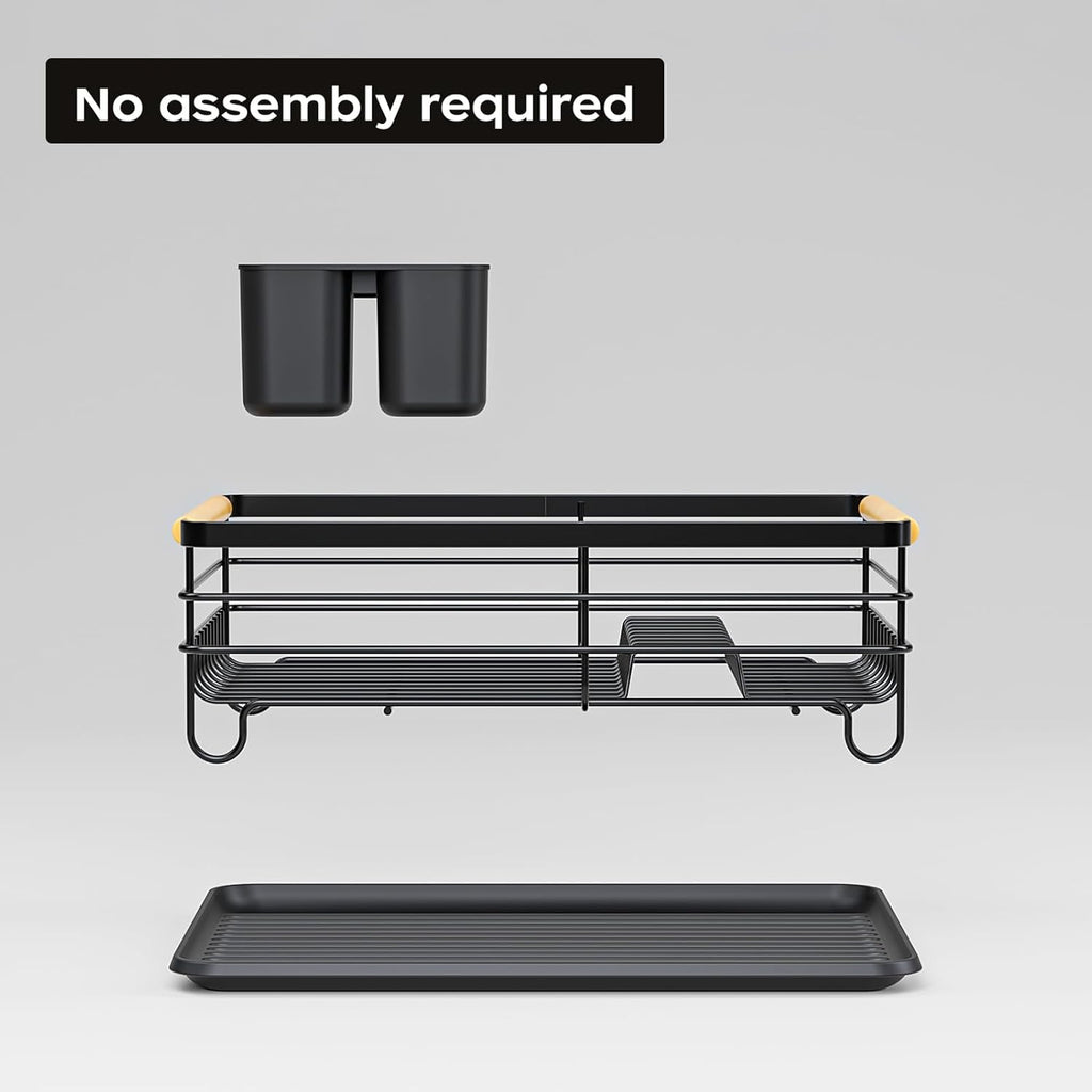 Dish Racks for Kitchen Counter: Wooden Handles, Thickened Metal, No Assembly. Small Dish Drying Rack: Ideal for Small Households. Drying Rack Kitchen: Black