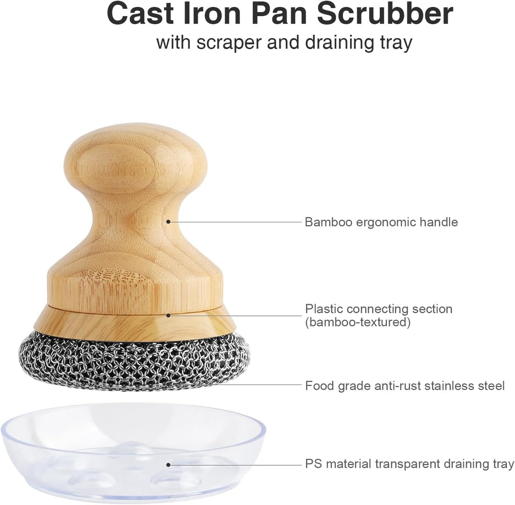 Cast Iron Scrubber and Scraper,Chain Mail Cleaner with Bamboo Handle & Draining Tray,316 Stainless Steel Brush for Cleaning Pots,Pans,Wok,Bakeware,Griddles, Grills(Large Chain Mail,2pcs)