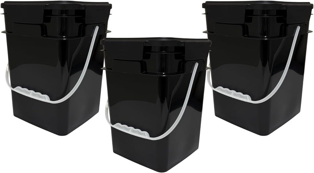 House Naturals 4 Gallon Square Food Grade Bucket Pail with Plastic Handles and Lid (Pack of 3) Made in USA containers (Black)