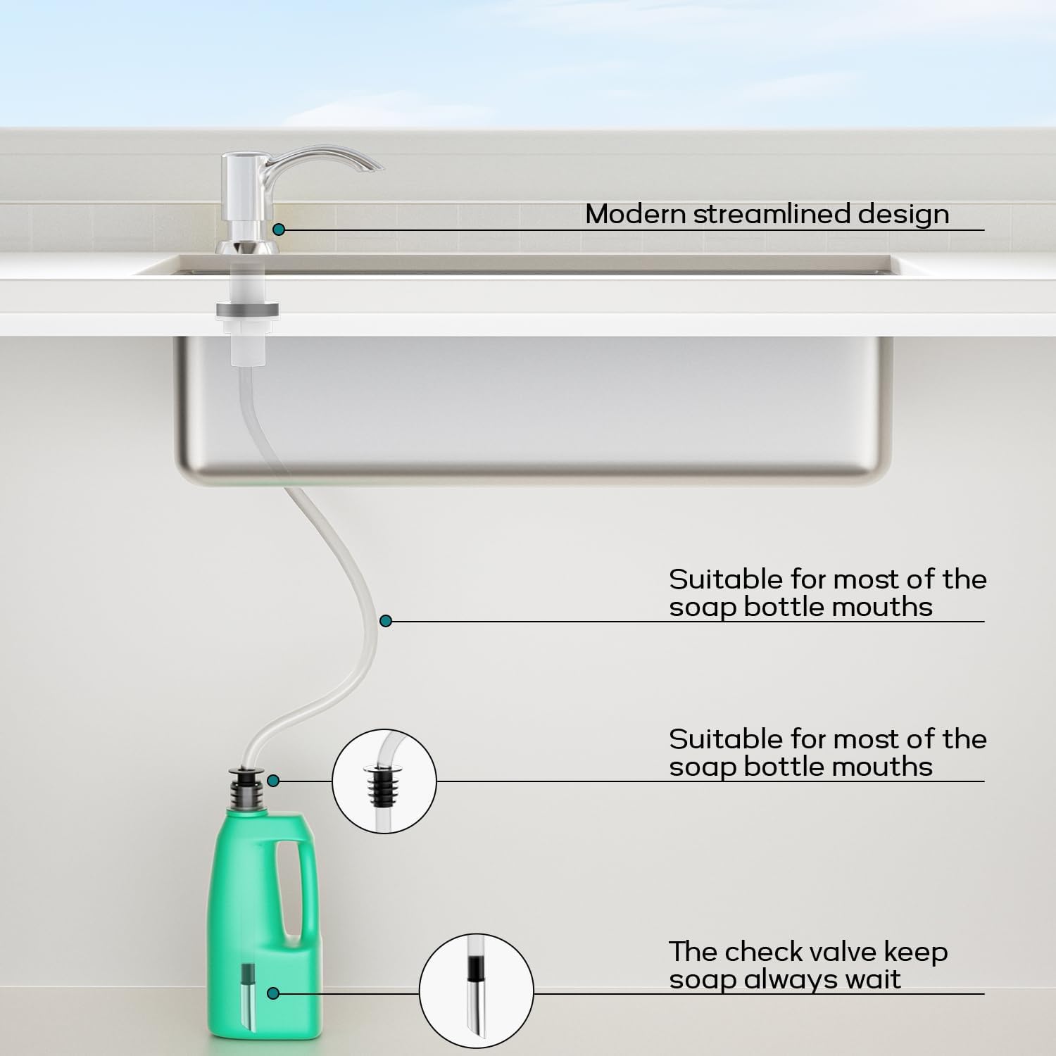 SAMODRA Built-in Kitchen Sink Soap Dispenser with Extension Tube Kit - Chrome Finish, Leak-Proof Design, No Top Refill Required (39" Tube)