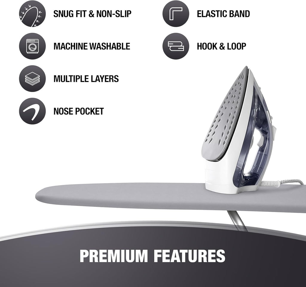 Extra Thick Ironing Board Covers with Pad Standard Size 15x54, Heat Reflective Full Scorch Resistant Padding, Snug Fit Non-Slip Nose Pocket Fastener Straps Elastic Edges, Gray
