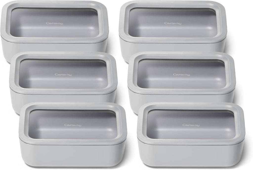 Caraway 6pc Glass Food Storage Set – 6.6 Cup Food Containers (6) - Ceramic Coated - Non Toxic, Non Stick with Lids - Microwave Safe - Gray