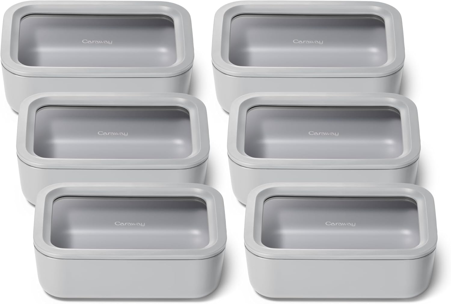 Caraway 6pc Glass Food Storage Set – 6.6 Cup Food Containers (6) - Ceramic Coated - Non Toxic, Non Stick with Lids - Microwave Safe - Gray