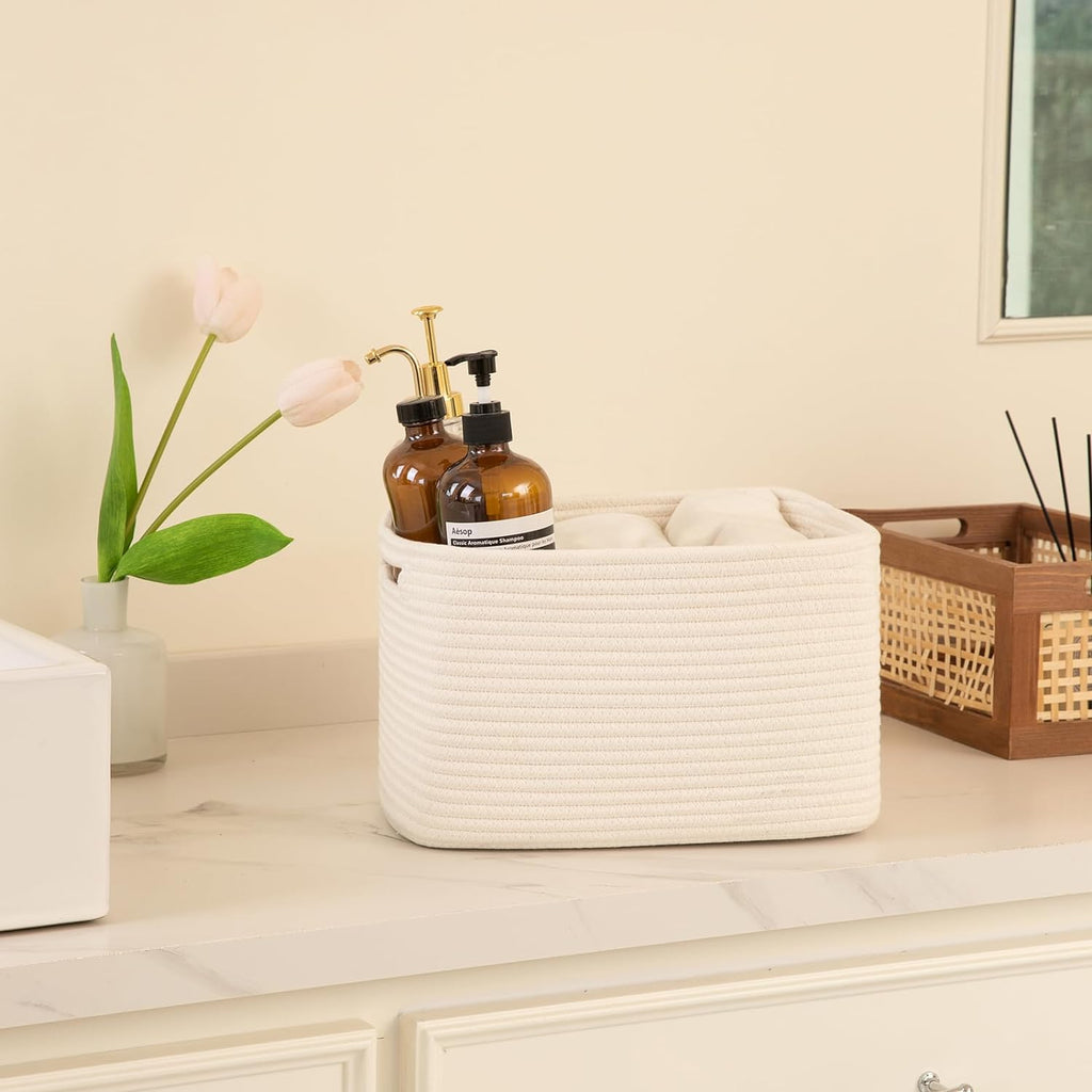 OIAHOMY 4 Pack Storage Baskets for Organizing, Cube Storage Bins for Shelves, Rectangle Storage Baskets With Handles, Woven Baskets for Storage, 12.7''Lx9''Wx7.8''H, White