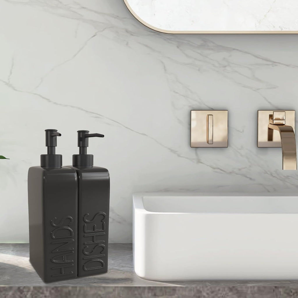 Ceramic Soap Dispenser Set, 2 Pack Kitchen Dispenser with Funnel, Non-Slip Silicone Pads, Liquid Hand and Dish Soap for Kitchen, Bathroom, Matte Black
