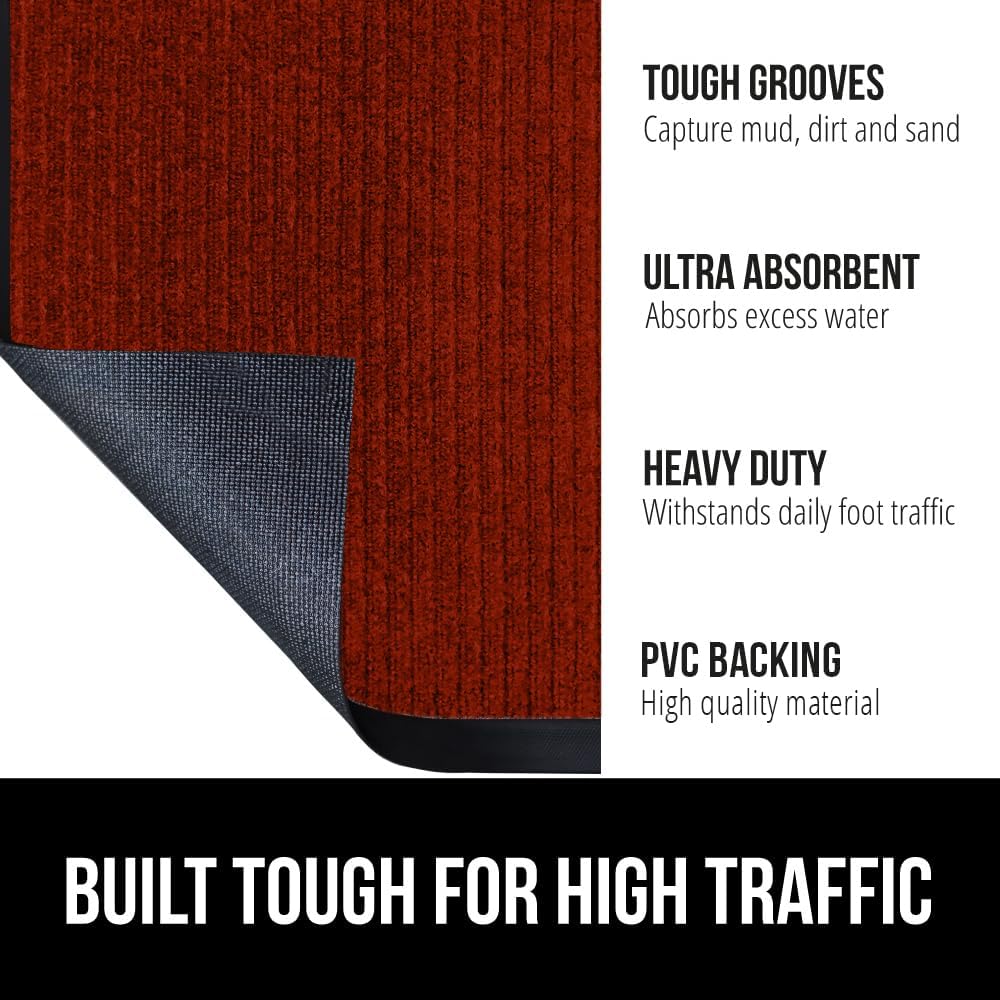 GORILLA GRIP Traffic Guard Door Mat, 60x36, Heavy Duty Welcome Mats, Commercial Office Space Doormat, Waterproof, Fade Resistant, Strong Rubber Backing, Low Profile, Shoe and Boot Scraper, Red