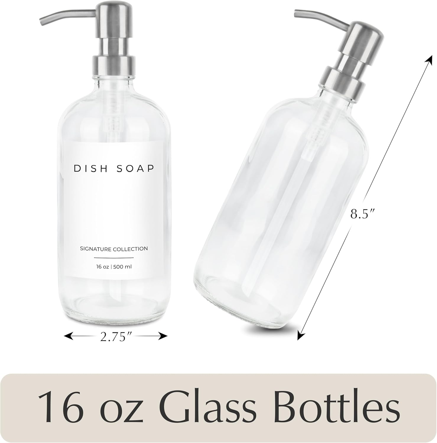 Emerson Essentials Soap Dispenser for Kitchen, Dish Dispenser for Kitchen, Bathroom Hands Set, Glass Bottles with Pump and Labels - 16 Oz, 2 Pack