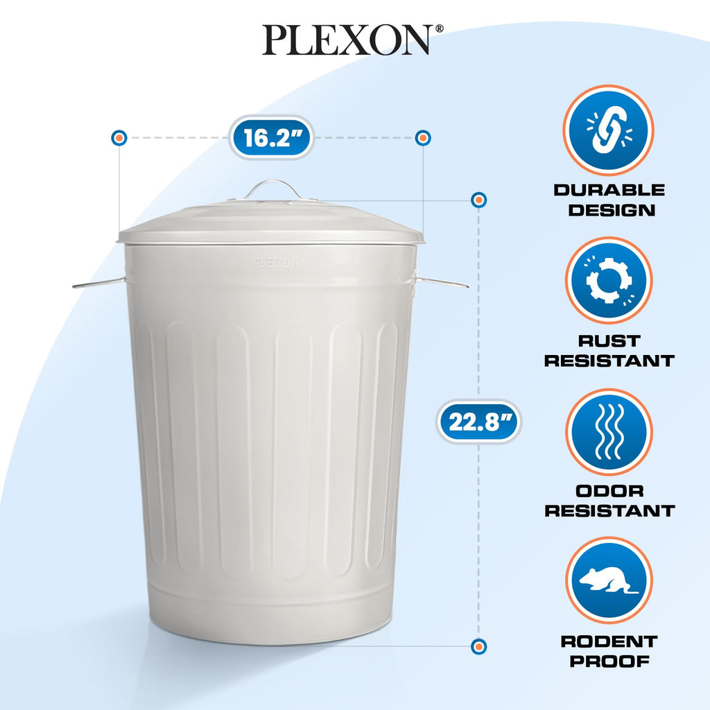Plexon Round Trash Can 13 Gallon, Vintage Metal Outdoor Trash Can with Lid, Retro Farmhouse Garbage Container, Old School Modern Ash Bucket, Beige 3 Pack