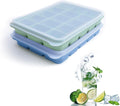 Ice Cube Trays Set of 2, Easy Release 15 Flexible Silicone Ice Cube Molds with Removable Lid Reusable Freezer Ice Trays Stackable for Whiskey, Baby Food, BPA Free (BLUE+GREEN)