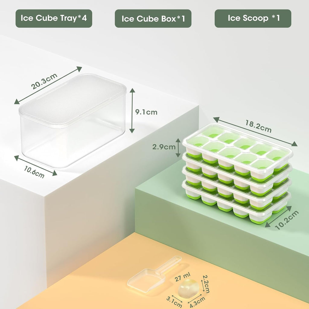 DOQAUS Ice Cube Tray with Lid and Bin, 4 Pack Silicone Plastic Ice Cubes Trays for Freezer with Box/Container, Stackable with Storage Iced Bucket Kits, Scoop, for RV, Soup, Food, Cocktail, Coffee