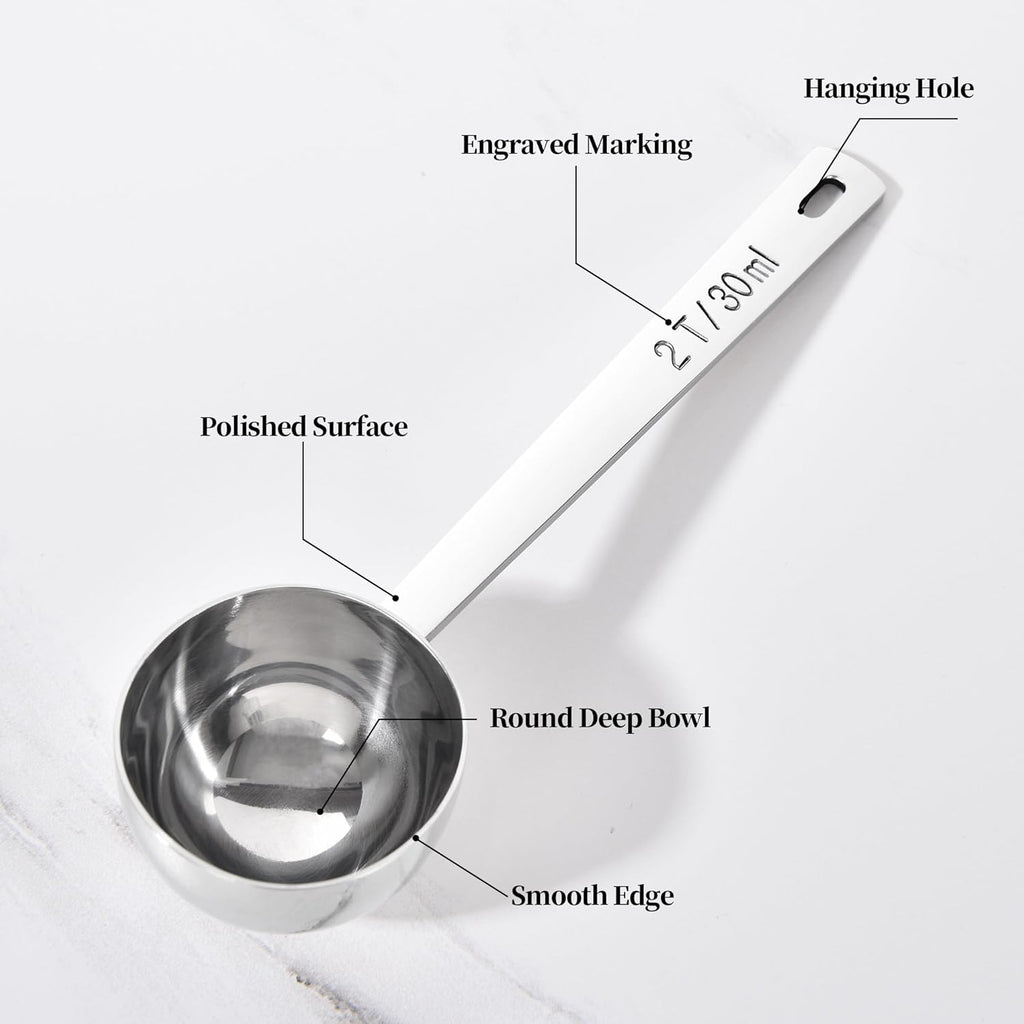 Long Handle Coffee Scoop: 18/8 Stainless Steel 5.98 Inch 2 Tablespoon Metal Measuring Spoon Tbsp Scoop for Coffee Beans, Grounds Coffee, Coffee Powder, Tea, Tall Jars (2Tbsp/30ml)