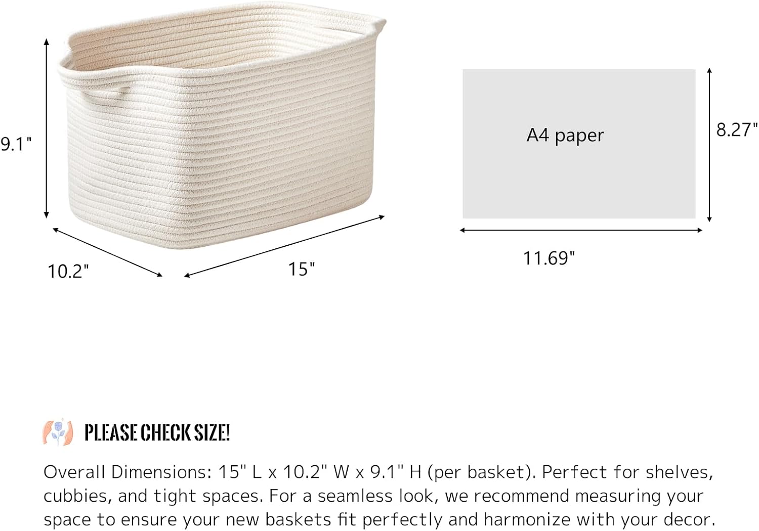 Cotton Rope Storage Basket 15"x10"x9" – Fabric Storage Bins for Organizing Clothes,Toys,Blankets – Durable Woven Storage Basket for Closet, Shelf & Living Room