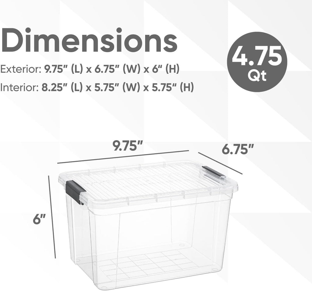 Superio Storage Bins with Lids- 4 Pack, 4.75 Qt Clear Boxes for Organizing, Stackable Plastic Containers- BPA Free, Non-Toxic, Odor Free, Organizer for Home, Office, Dorm