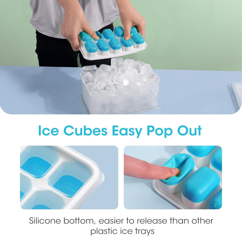 DOQAUS Ice Cube Tray with Lid and Bin, 4 Pack Silicone Plastic Ice Cubes Trays for Freezer with Box/Container, Stackable with Storage Iced Bucket Kits, Scoop, for RV, Soup, Food, Cocktail, Coffee