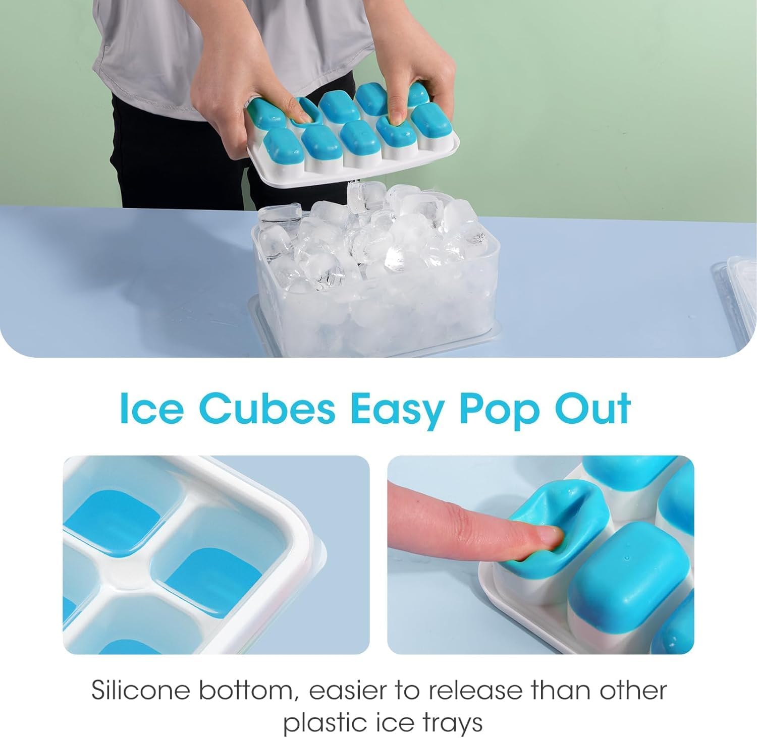 DOQAUS Ice Cube Tray with Lid and Bin, 4 Pack Silicone Plastic Ice Cubes Trays for Freezer with Box/Container, Stackable with Storage Iced Bucket Kits, Scoop, for RV, Soup, Food, Cocktail, Coffee