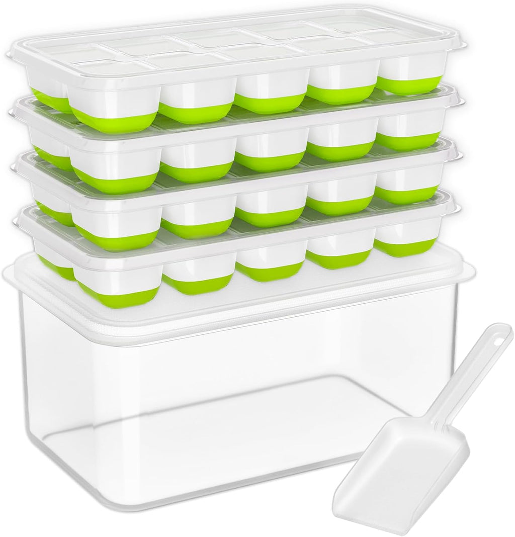 DOQAUS Ice Cube Tray with Lid and Bin, 4 Pack Silicone Plastic Ice Cubes Trays for Freezer with Box/Container, Stackable with Storage Iced Bucket Kits, Scoop, for RV, Soup, Food, Cocktail, Coffee