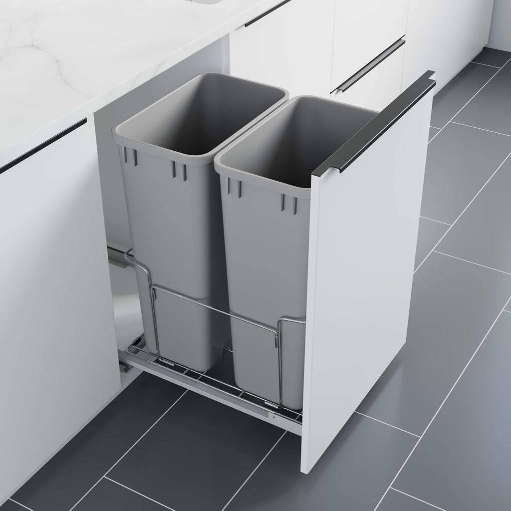 Dowell B18 Aluminum Base Wastebasket Pullout with Door Mount and Two 50Qt/13Gal Plastic Bins (4012 0218+50x2)