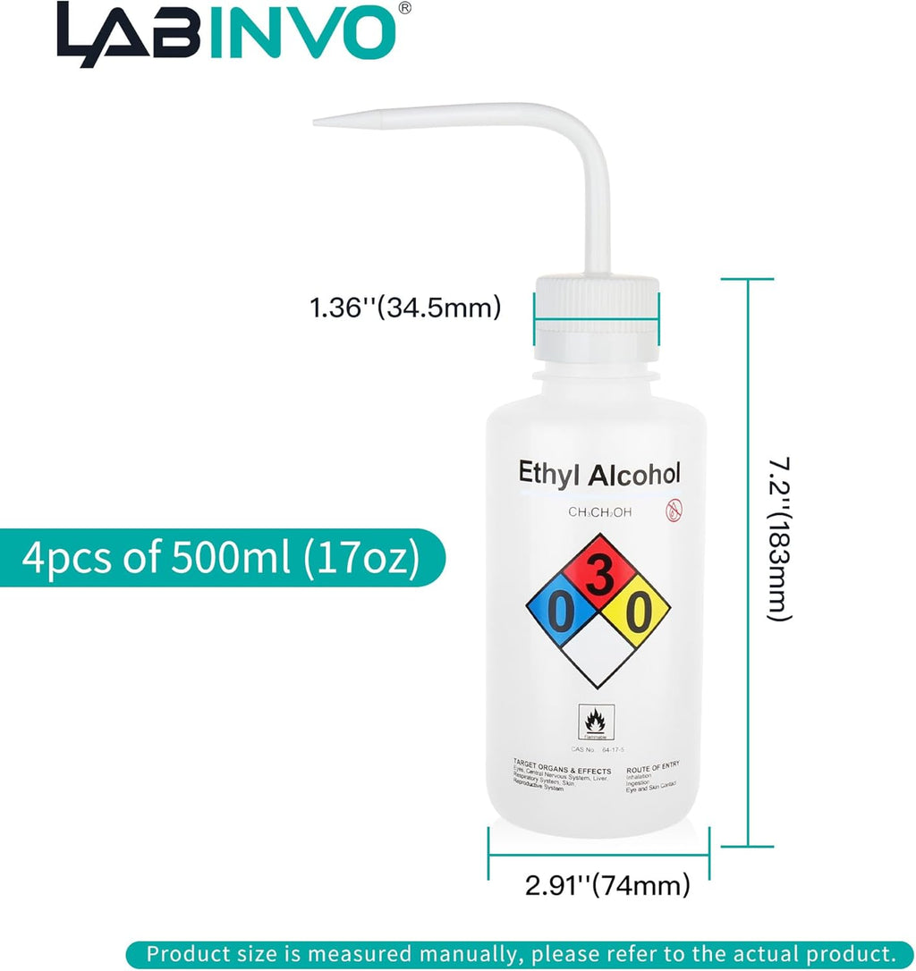 4PCS of Ethyl Alcohol Wash Bottles, Vol.500ml (17oz), Narrow Mouth, Self-Venting Safety Wash Bottle, LDPE Material, IN-WBE500