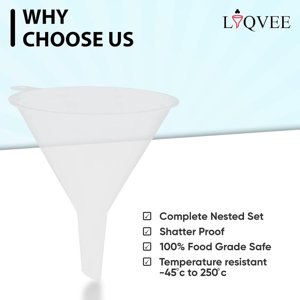 Funnel Set (4 Sizes: 122, 101, 76, 50mm) - Durable, Non-Toxic, Food-Grade Plastic funnels for Filling Bottles and containers. Ideal for Kitchen, Garage, or Labs. Perfect for Precise Pouring.