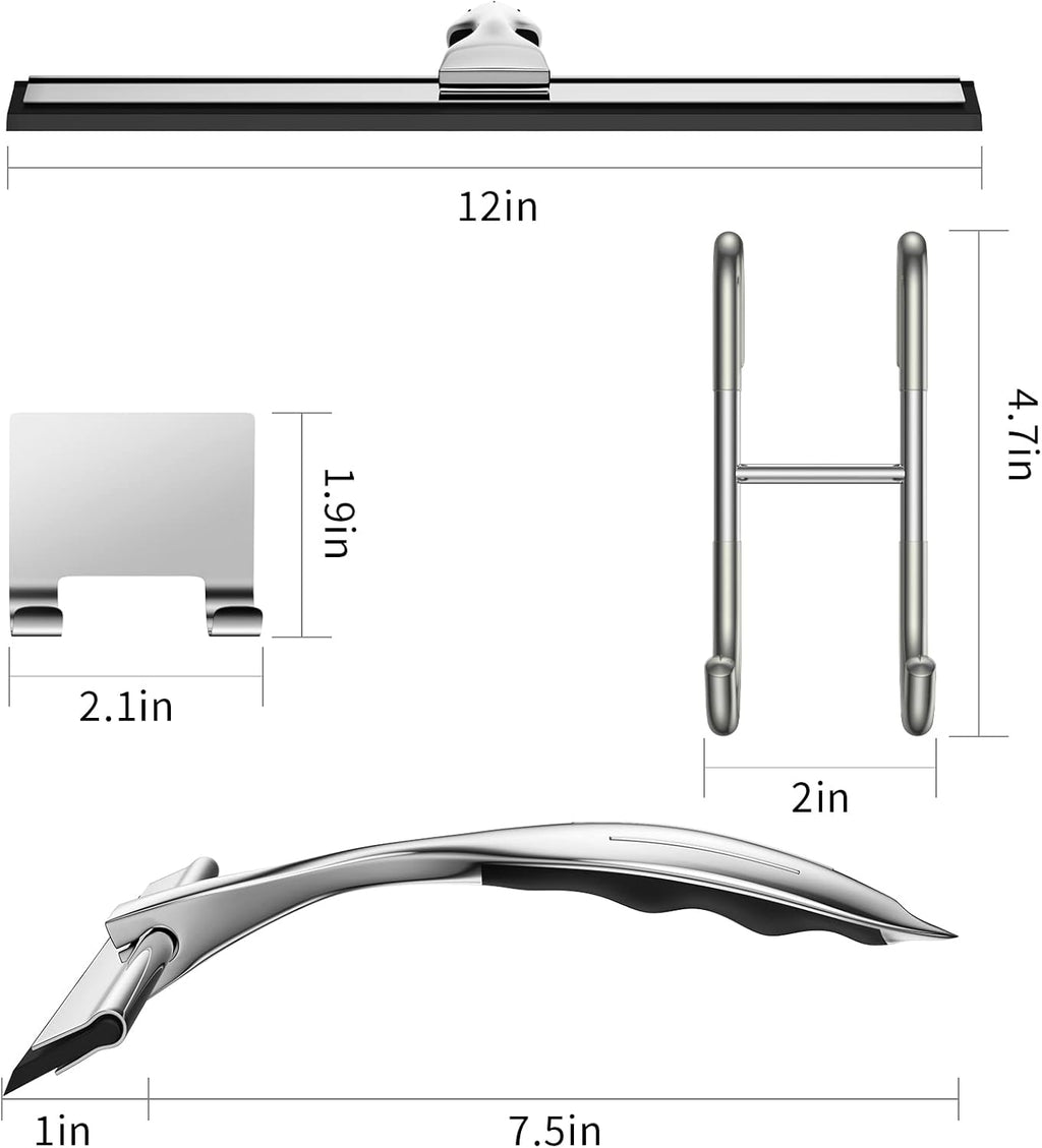 Shower Squeegee for Glass Door 12-Inch Stainless Steel Bathroom Squeegee Window Wiper, Includes Shower Door Hook, Adhesive Hook, and Spare Silicone Blade for Window Mirror Car All-Purpose Squeegee