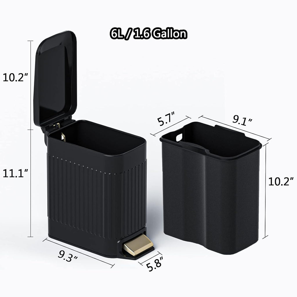 CEROELDA Small Bathroom Trash Can with Lid Soft Close-5L/1.3 Gal Slim Garbage Can-Metal Step Wastebasket-Rectangle Narrow Waste Bin for Office, Bedroom, Toilet, Live Room (Embossed-Black)