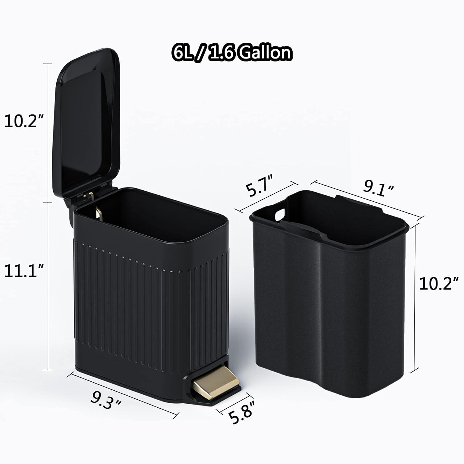 CEROELDA Small Bathroom Trash Can with Lid Soft Close-5L/1.3 Gal Slim Garbage Can-Metal Step Wastebasket-Rectangle Narrow Waste Bin for Office, Bedroom, Toilet, Live Room (Embossed-Black)